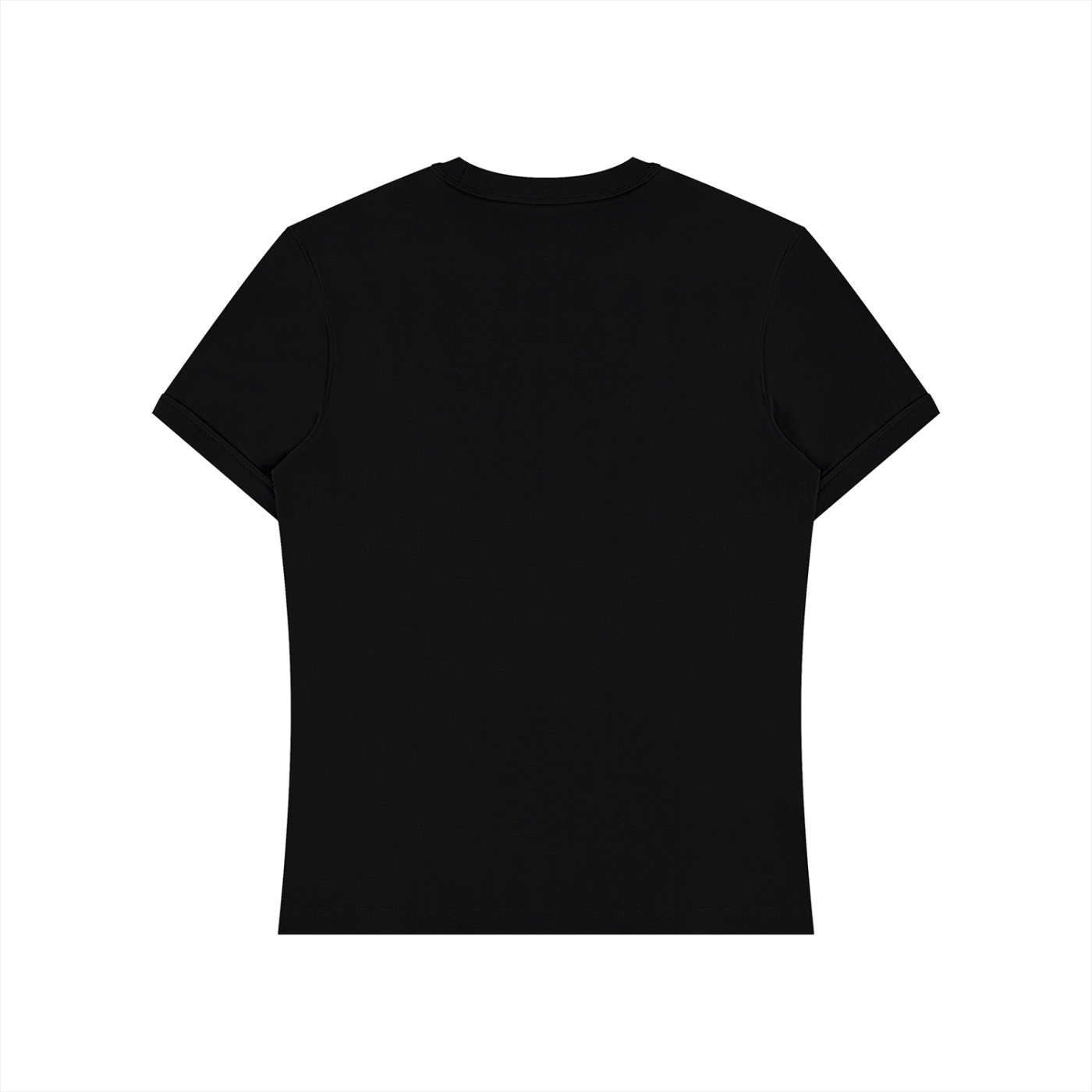 Back view of a plain black T-shirt with short sleeves.