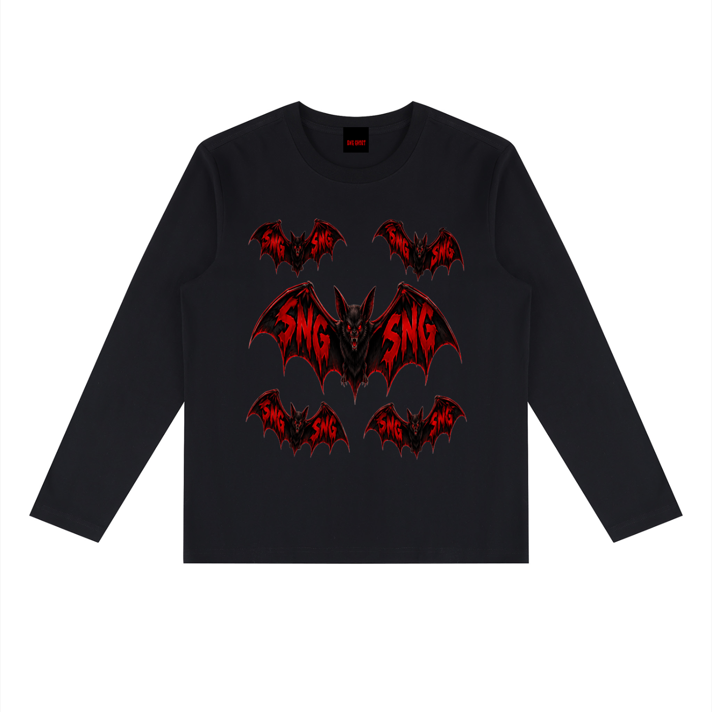 Black long sleeve shirt featuring multiple red and black wild bat illustrations with the letters 'SNG' on their wings.