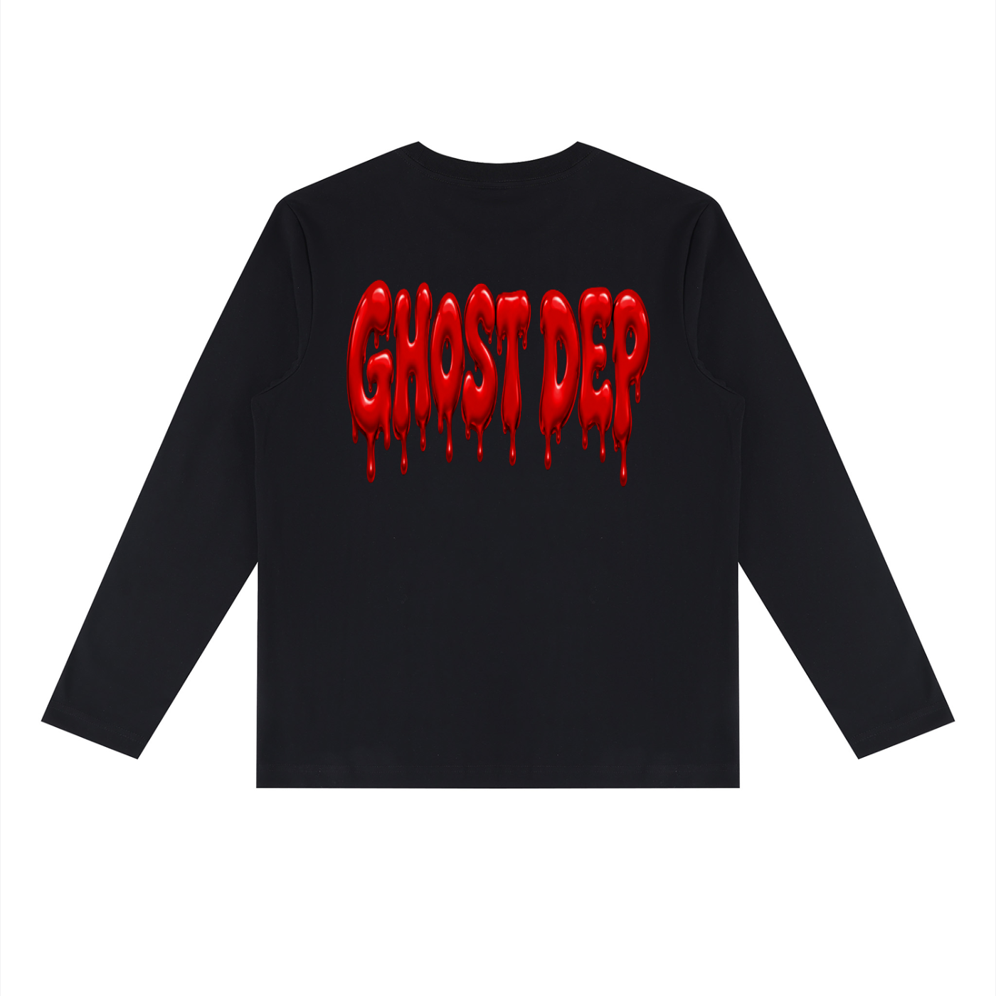 Black long-sleeve shirt with 'GHOST DEEP?' written in red, dripping, slime-like letters.