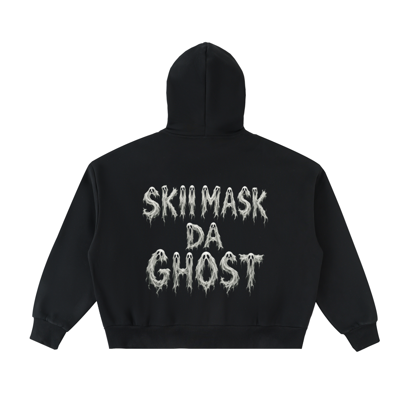 Black hoodie with white ghostly text that reads "Skimask Da Ghost" on the back.