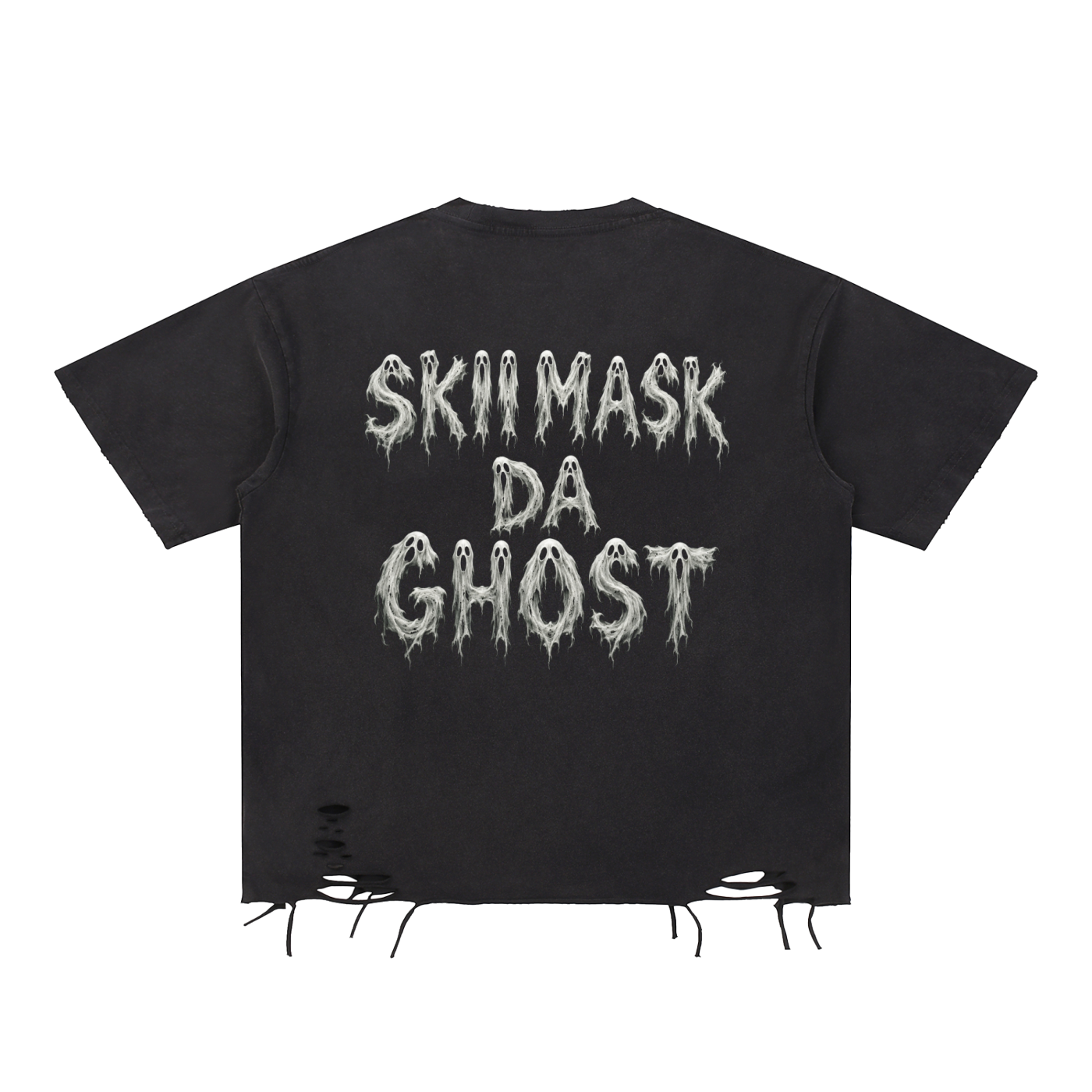 Black T-shirt with distressed holes near the bottom, featuring white text that says 'SKI MASK DA GHOST' in a spooky, ghostly font.