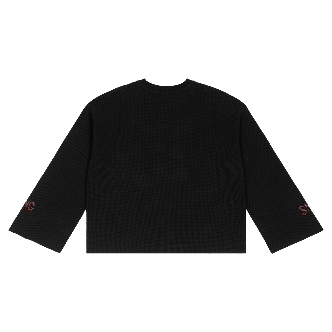 Black long-sleeve shirt with red embroidered logos on the sleeves, laying flat against a white background.