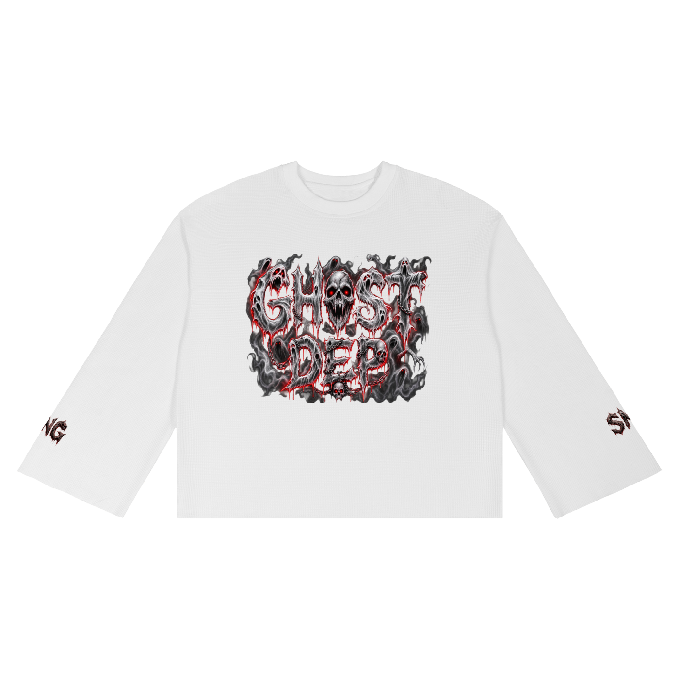 White long-sleeve shirt with a graphic design reading 'Ghost Dept' featuring a skull and smoky effects, and the letters 'G' and 'S' on the sleeves.