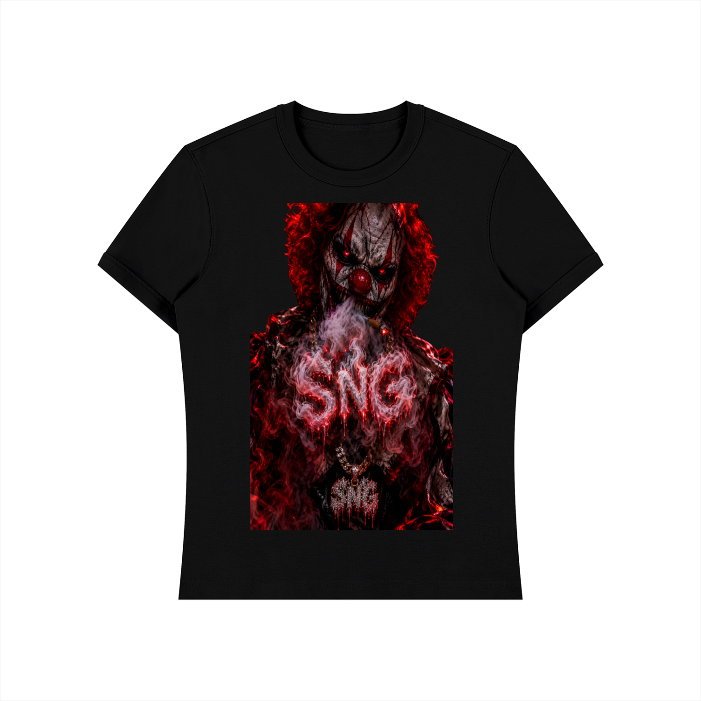Black T-shirt with a graphic of a menacing clown with red hair, dark makeup, and a sinister expression. The clown is surrounded by red and black smoke, with the word 'SNG' in smoky letters.