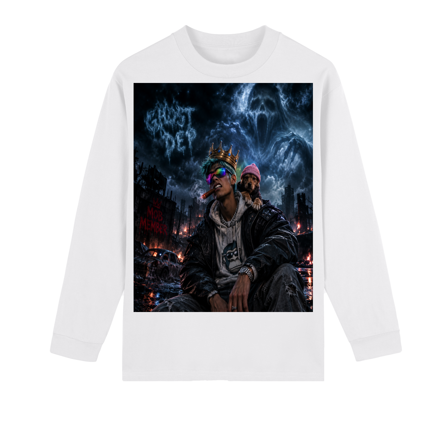 unisex Crew Neck Drop Shoulder Ghost Dep MOB MEMBER Long Sleeve Shirt