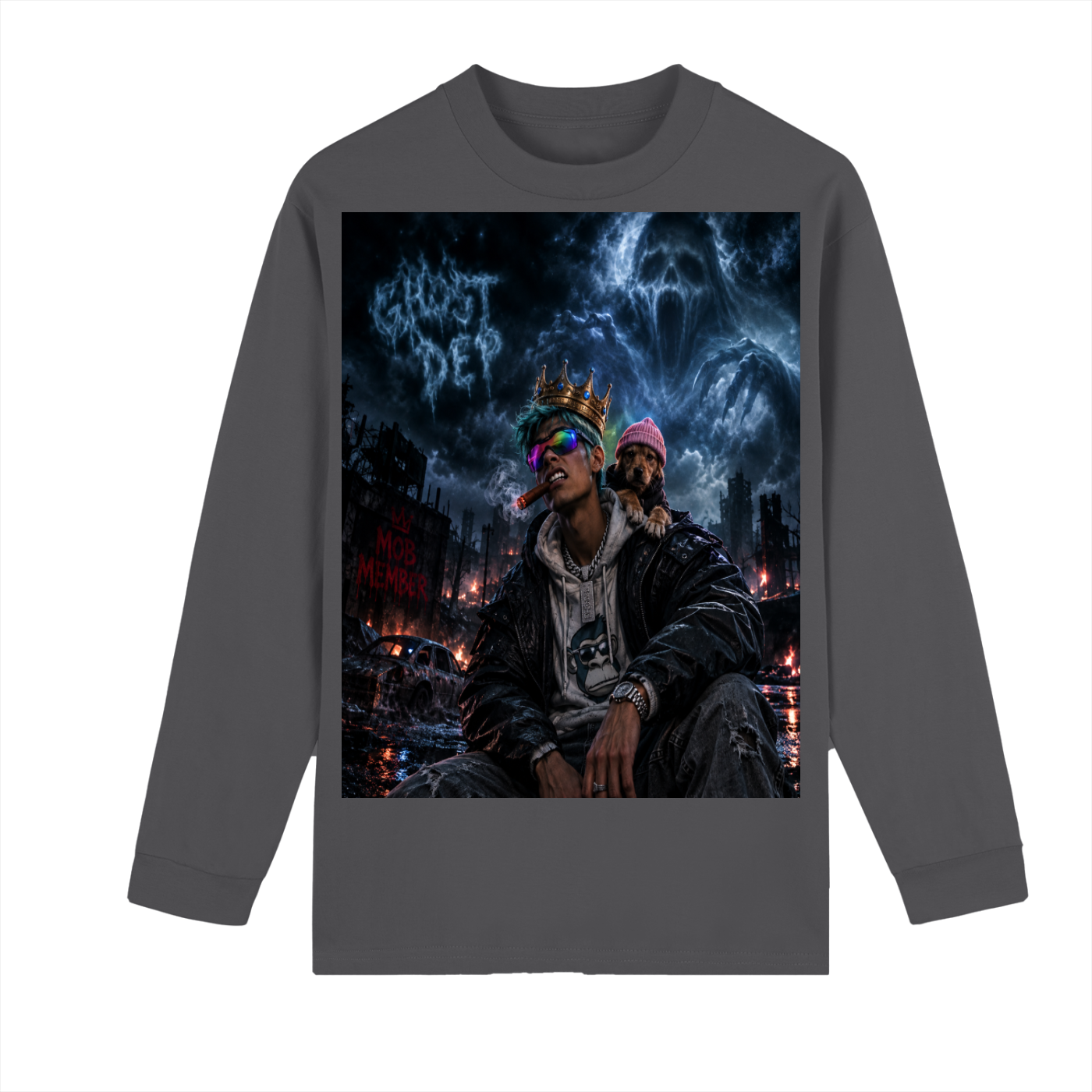 unisex Crew Neck Drop Shoulder Ghost Dep MOB MEMBER Long Sleeve Shirt