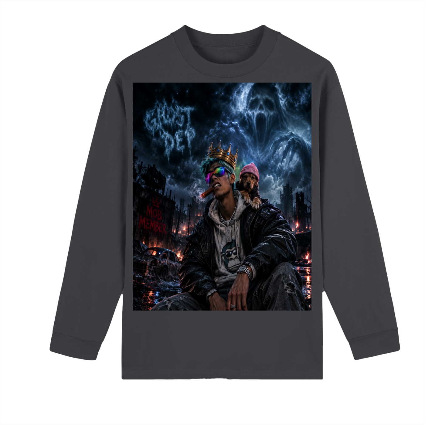 unisex Crew Neck Drop Shoulder Ghost Dep MOB MEMBER Long Sleeve Shirt