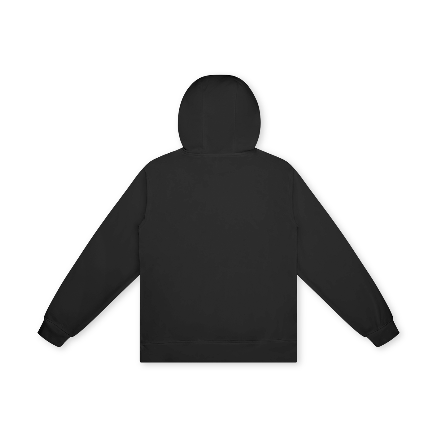 Back view of a black hoodie with the hood up, made of a smooth, slightly shiny fabric, laid flat on a white background.