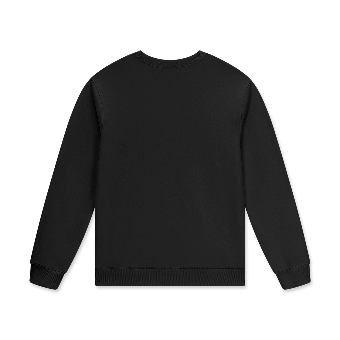 Back view of a black crewneck sweatshirt with long sleeves and ribbed cuffs and hem.