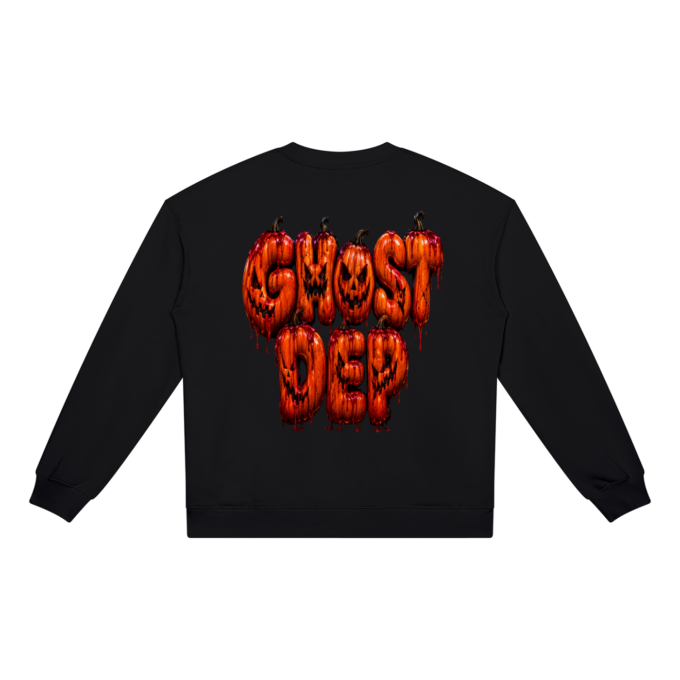 Black sweatshirt with the words "GHOST DROP" written in orange, dripping pumpkin-shaped letters, some with carved faces.