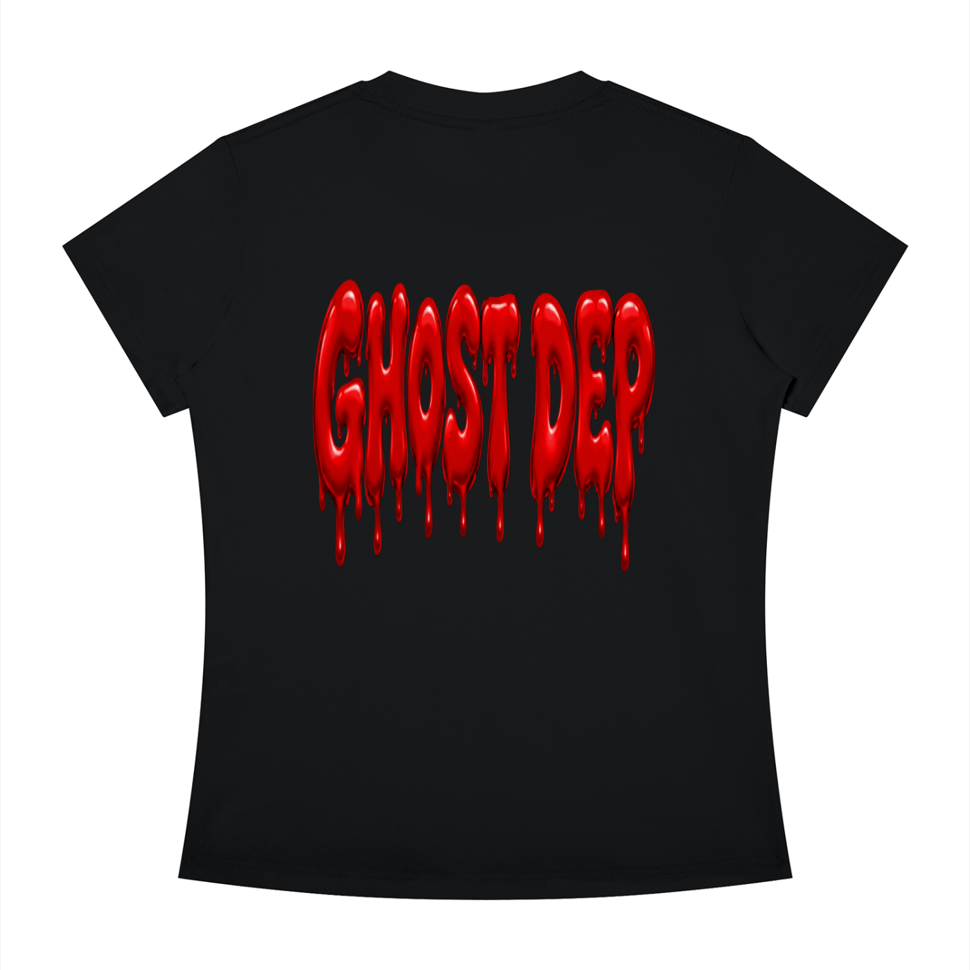 Black T-shirt with the words "GHOSTED" in large, red, dripping blood-style letters on the front.