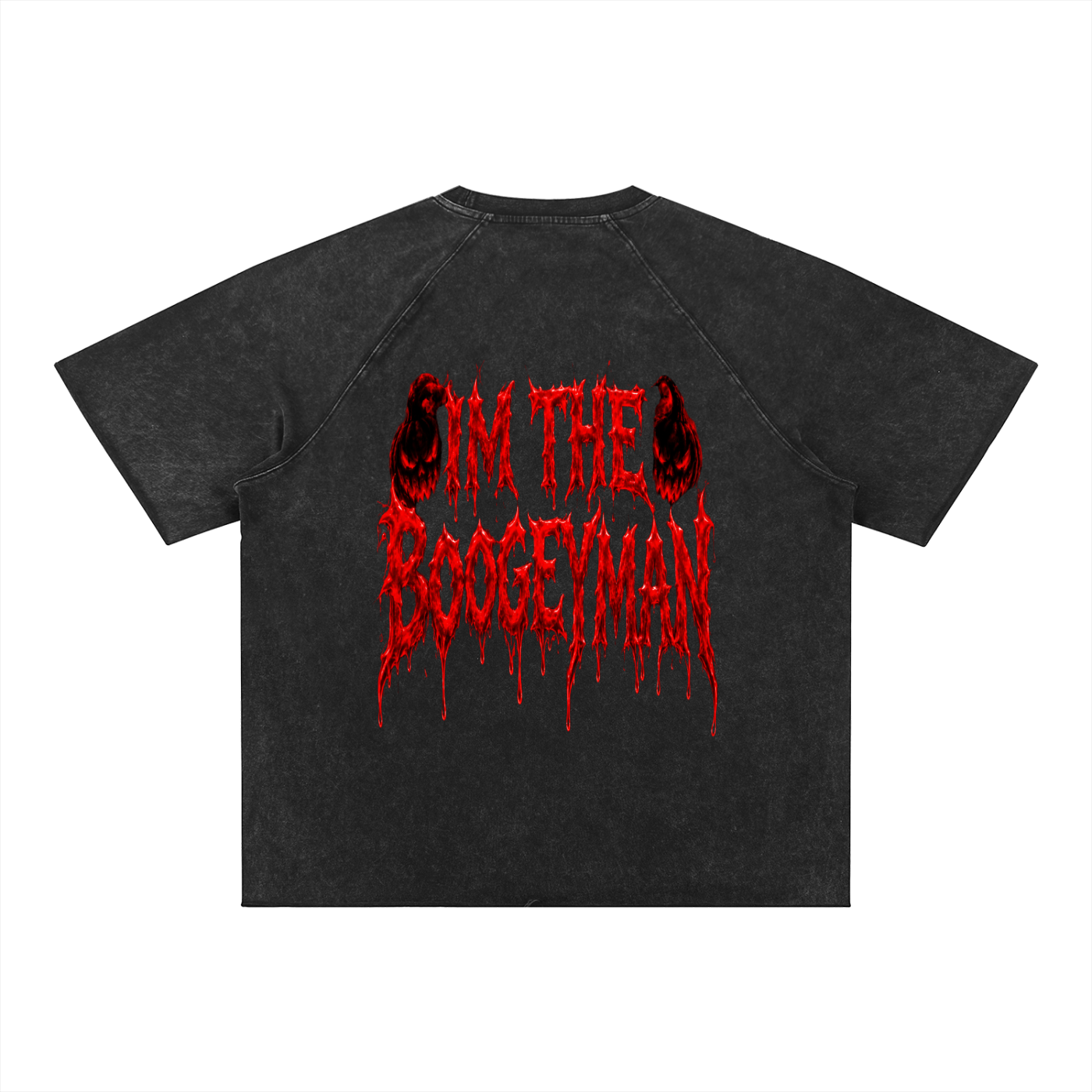 Black T-shirt with red, dripping, horror-themed text that reads 'I'M THE BOOGEYMAN' on the back.