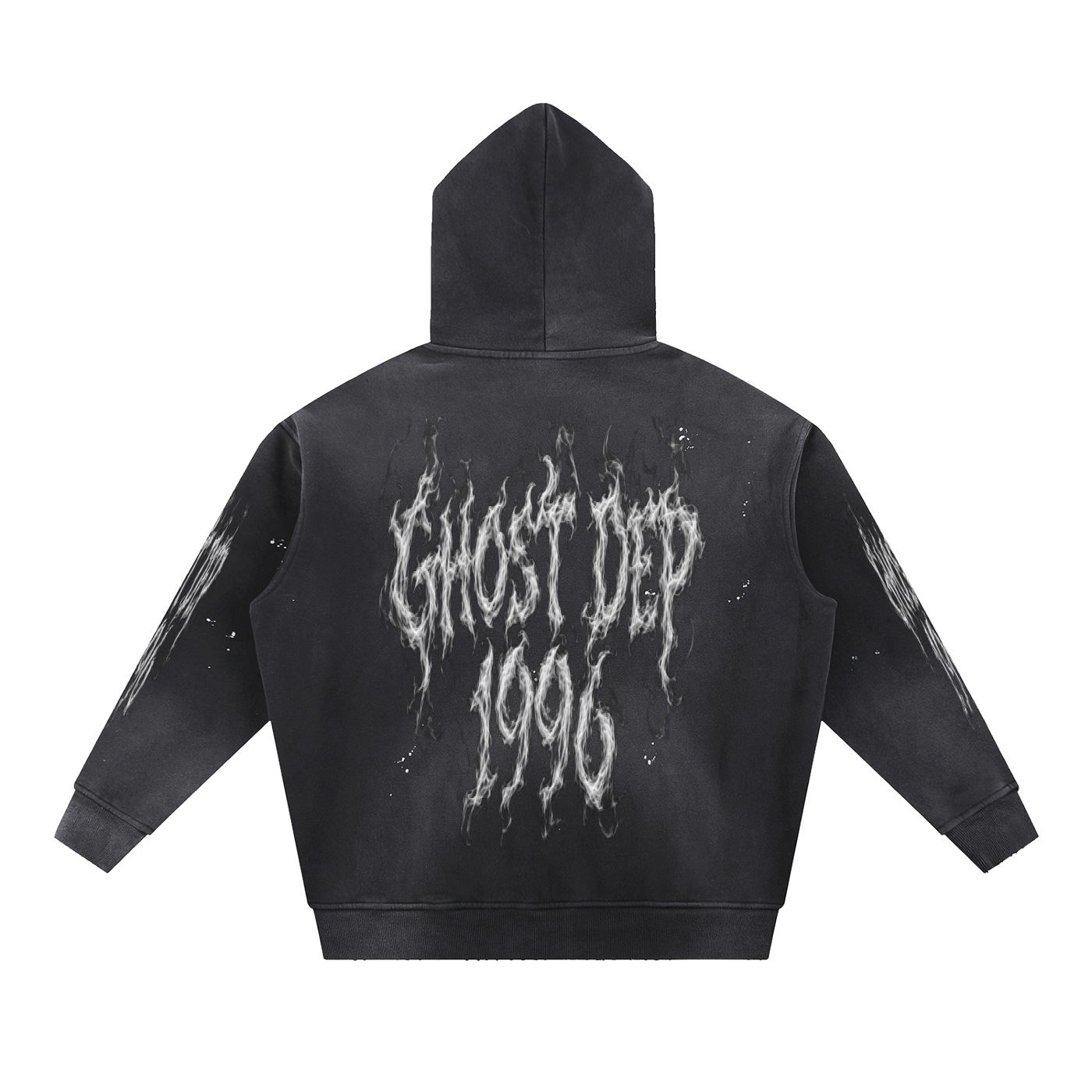 Black hoodie with a graphic design resembling white flames and the phrase 'Ghosted You' printed on the back.
