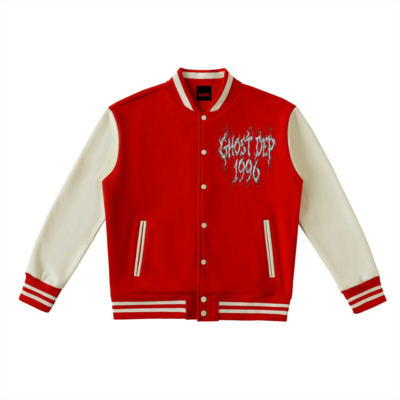 Red and white varsity jacket with 'Ghost Deep 1990' graphic on the front.