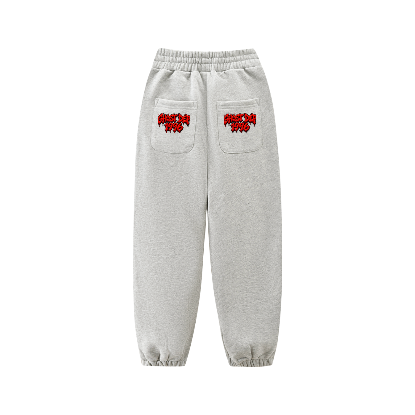 Light gray jogger sweatpants with elastic cuffs, two front pockets, and red “Ghost Def 1996” graphic text