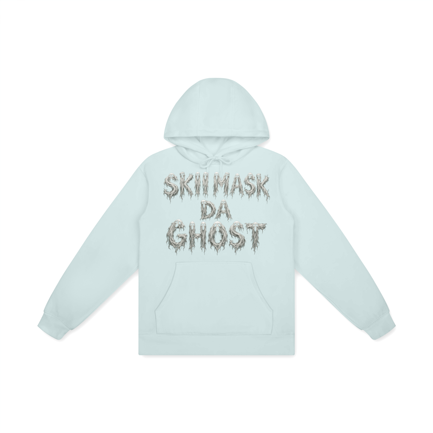 Light blue hoodie with the phrase 'SKI MASK DA GHOST' written in a spooky, ghostly font on the front.