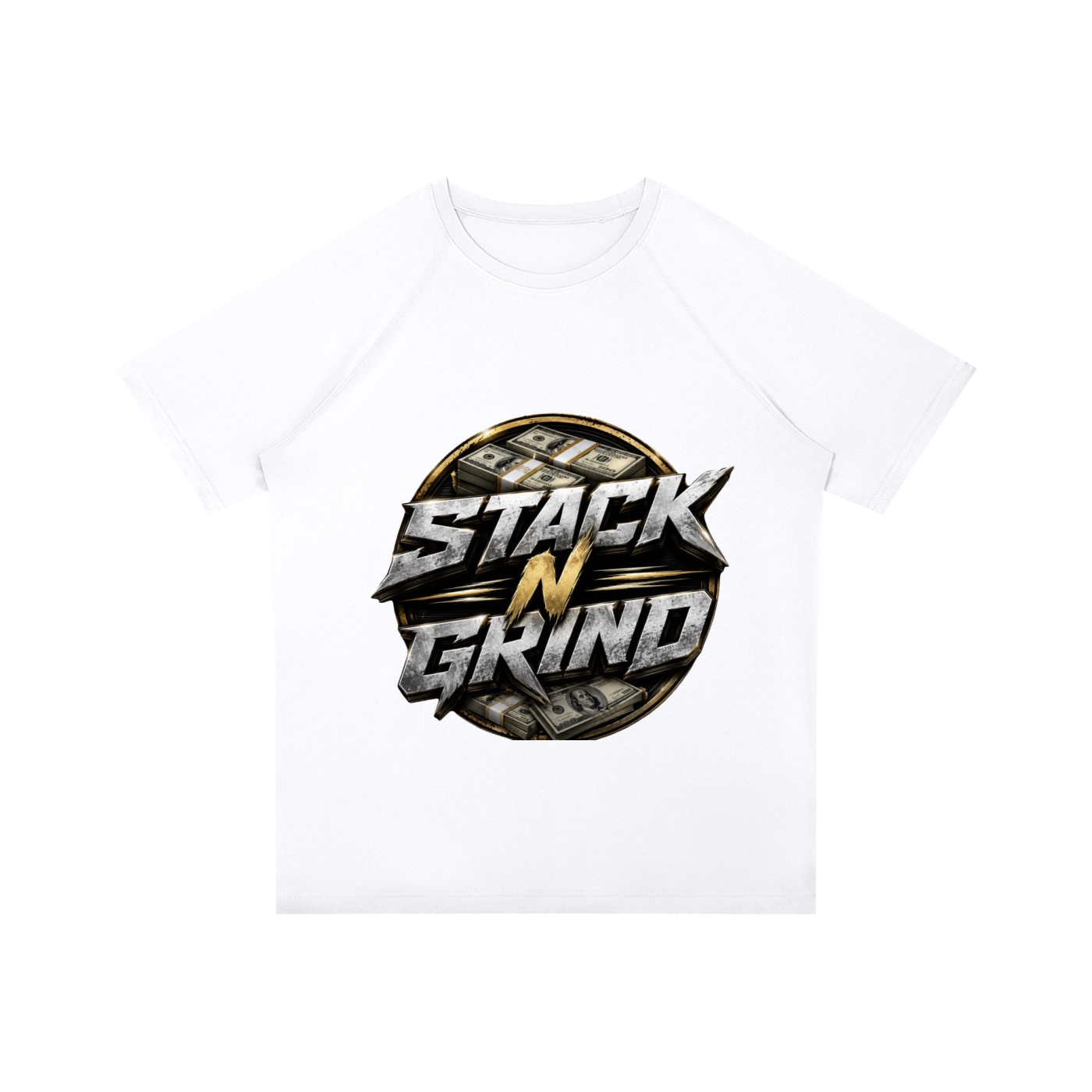 White T-shirt with a graphic that says 'Stack'n Grind' over a background of stacked hundred-dollar bills.