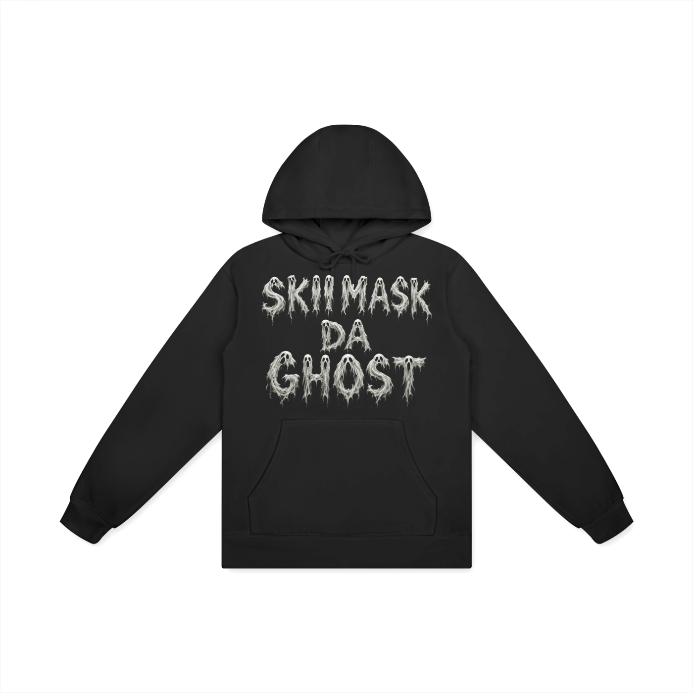 Black hoodie with white spooky font text that reads 'SKI MASK DA GHOST' on the front.