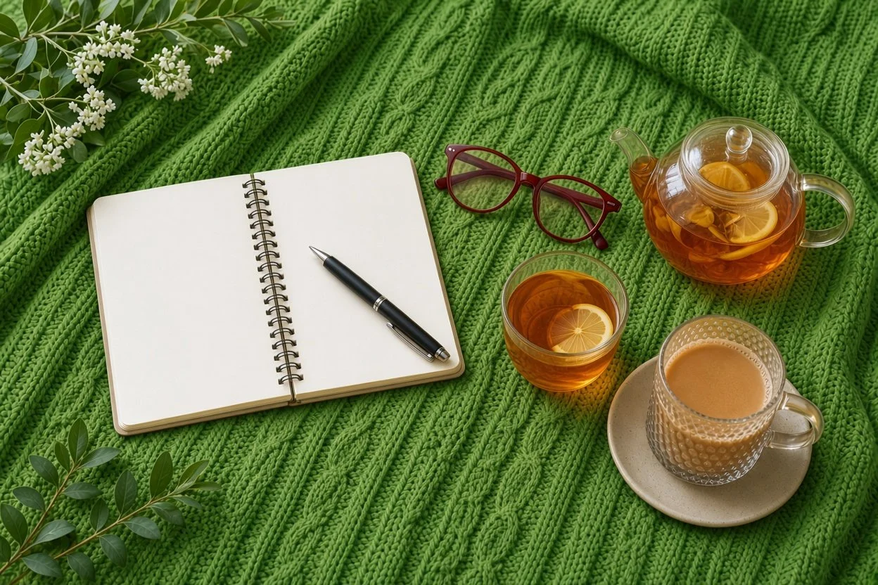 A green knitted blanket with a notebook, pen, red glasses, a glass teapot with lemon-infused tea, a cup of tea with lemon, and a latte on a saucer. White flowers and green leaves are in the top left corner.