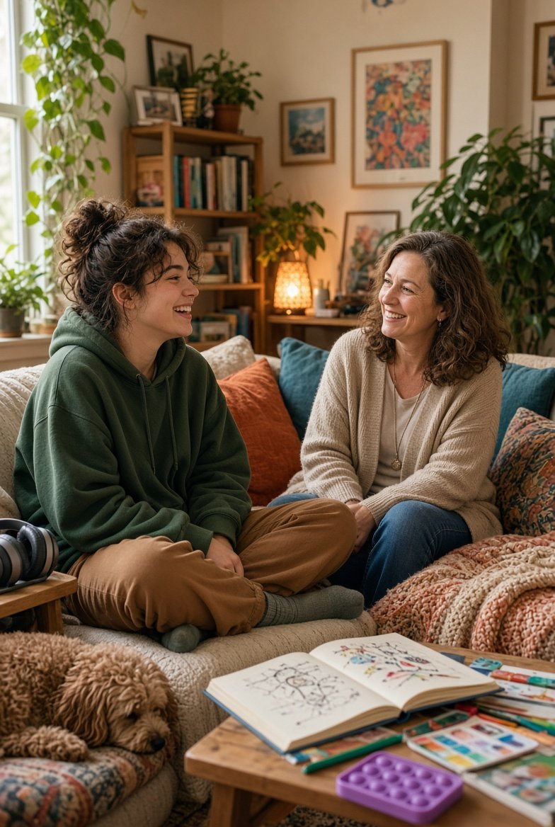 A young woman and an older woman sit on a cozy sofa in a warmly lit living room, laughing and talking. The room has plants, framed artwork, and a bookshelf in the background. A laptop, coloring book, and art supplies are on a coffee table, with a dog resting nearby.