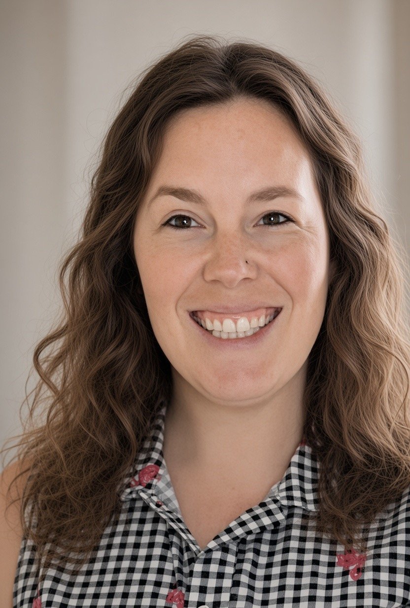 A woman with wavy brown hair, smiling with visible teeth, wearing a black and white checkered sleeveless top with small pink and red floral accents.