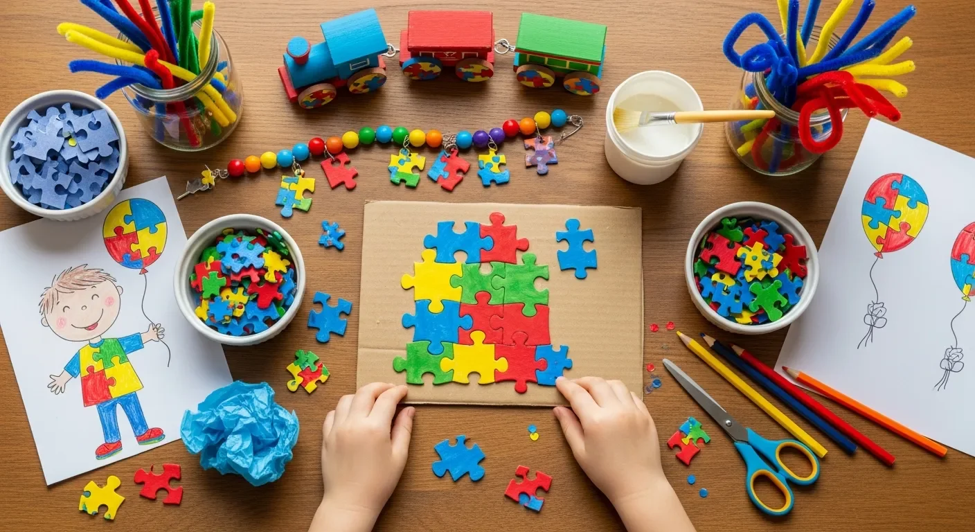 A child's puzzle project on a wooden table, with various colored puzzle pieces, a coloring sheet of a boy holding balloons, and related art supplies.
