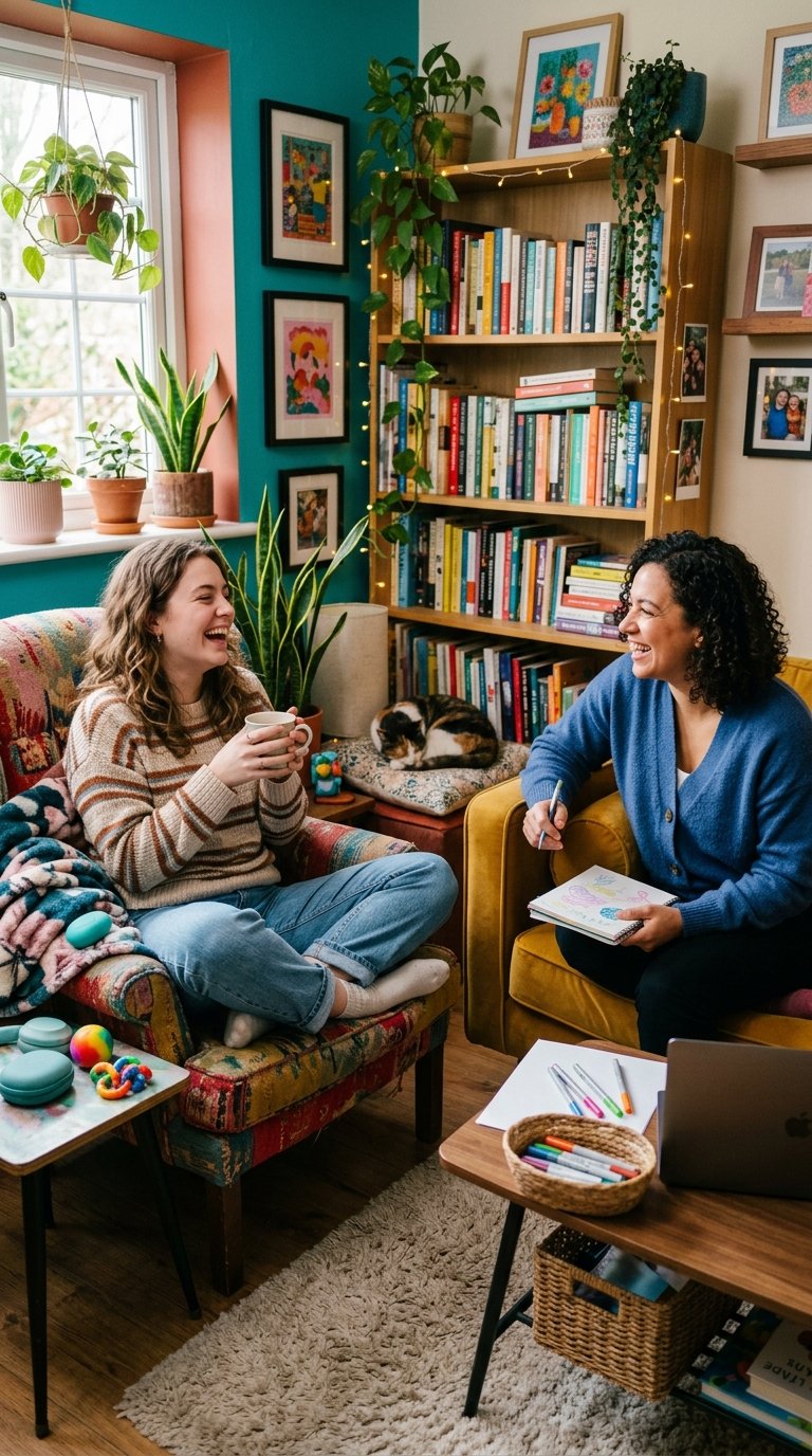 Two women laughing and chatting in a cozy living room. They are seated on armchairs, with one holding a mug and the other taking notes. A black-and-white cat is sleeping on a cushion nearby. The room has colorful walls, framed artwork, and lots of plants. There is a bookshelf filled with books and fairy lights, along with a small table with markers and magazines.