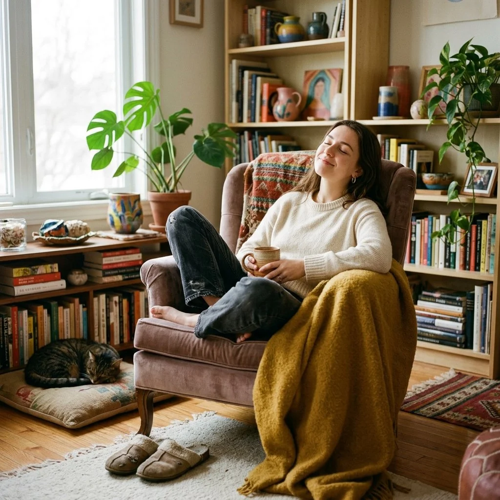A woman relaxing in a cozy living room, sitting in a plush armchair with a yellow blanket, holding a mug with a contented smile. There are bookshelves filled with books and decorative pottery behind her, a window letting in natural light, a cat sleeping on a pillow on the floor, and a potted plant on a table.