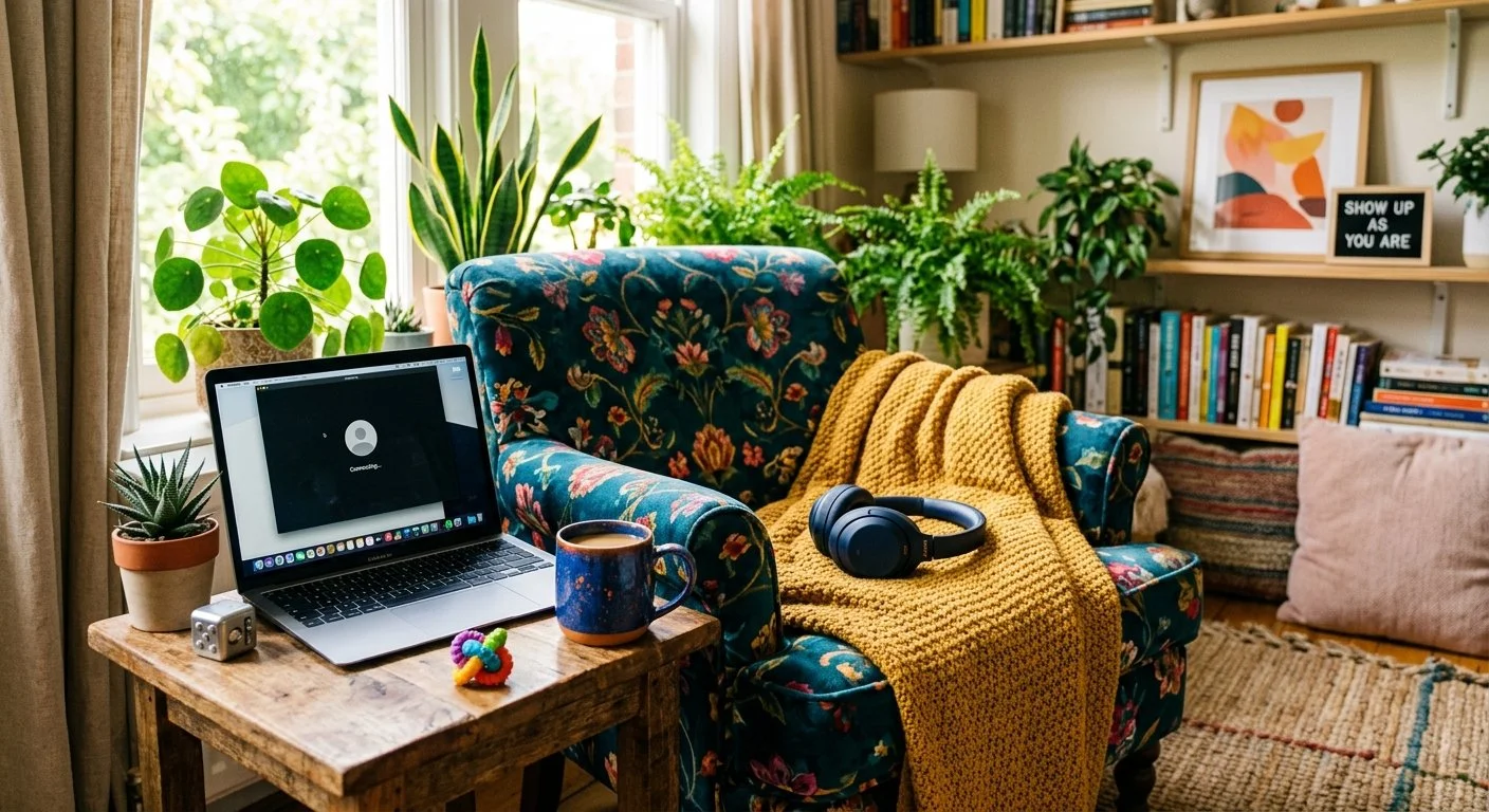 Cozy living room with floral-patterned armchair, laptop on wooden table, headphones, mug, and various plants near large window, with bookshelf and decorative items in background.