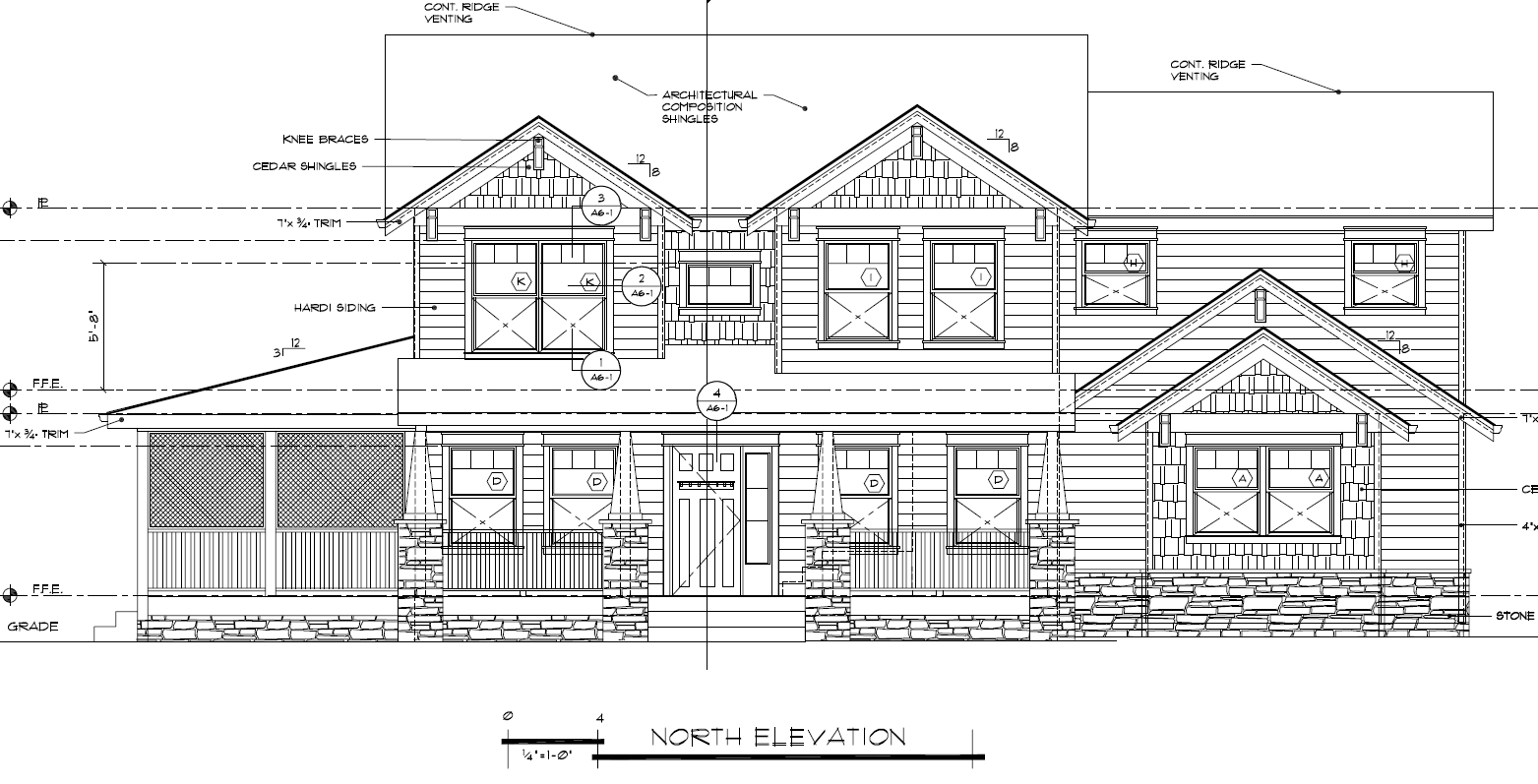 Architectural blueprint of a two-story residential house's north elevation, showing windows, siding, roof details, and construction annotations.