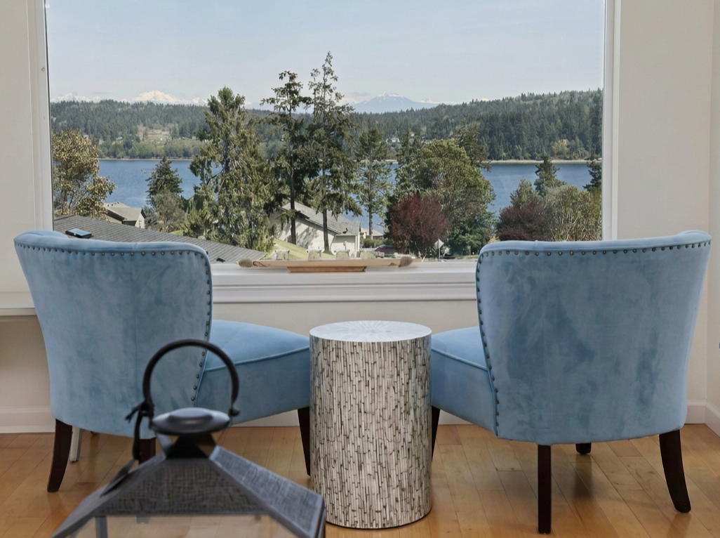 Two light blue upholstered armchairs face a large window overlooking a lake, trees, and mountains in the distance, with a small marble-topped table between them.
