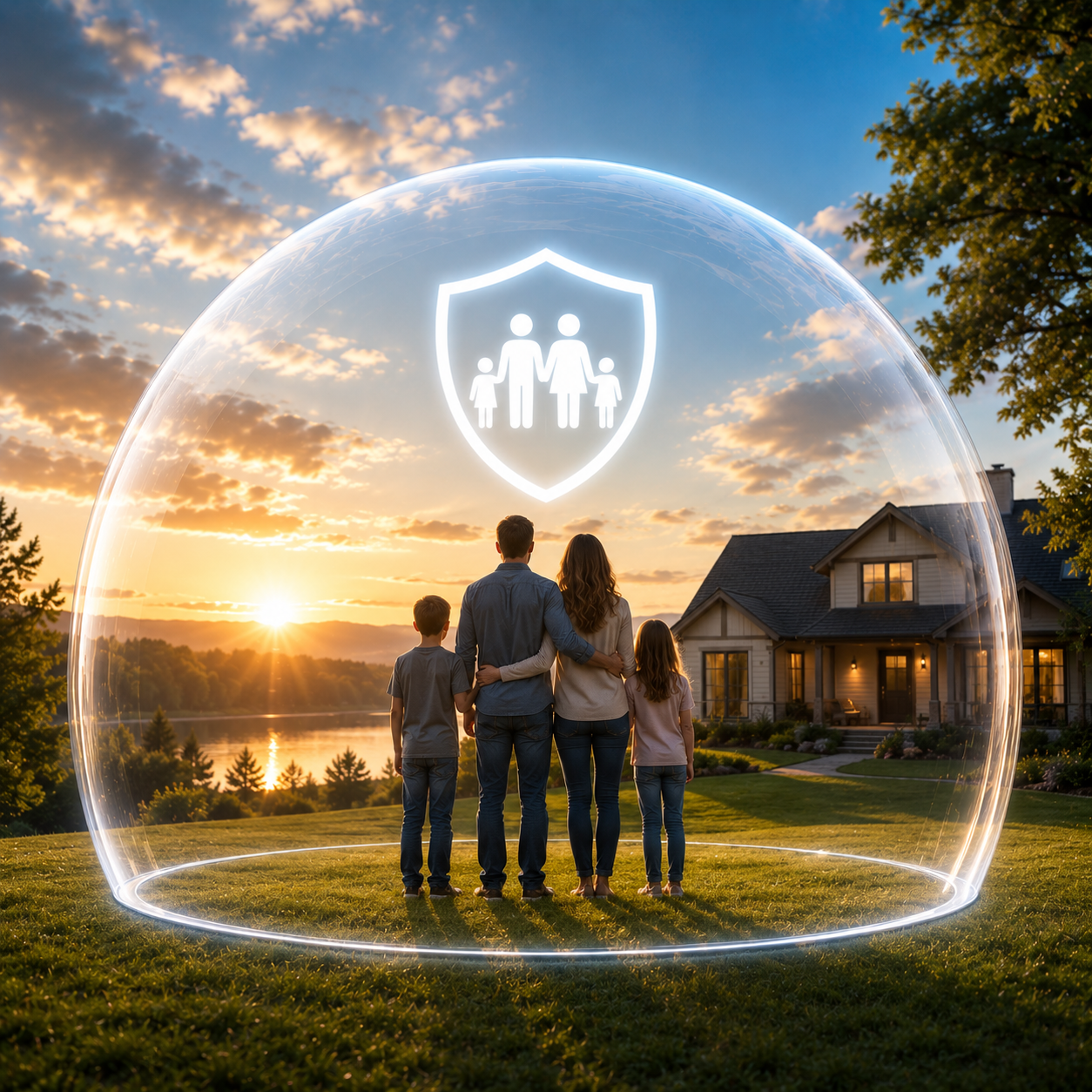 A family of four standing together outside at sunset, with a house and lake in the background, surrounded by a protective digital shield with a family safety icon.