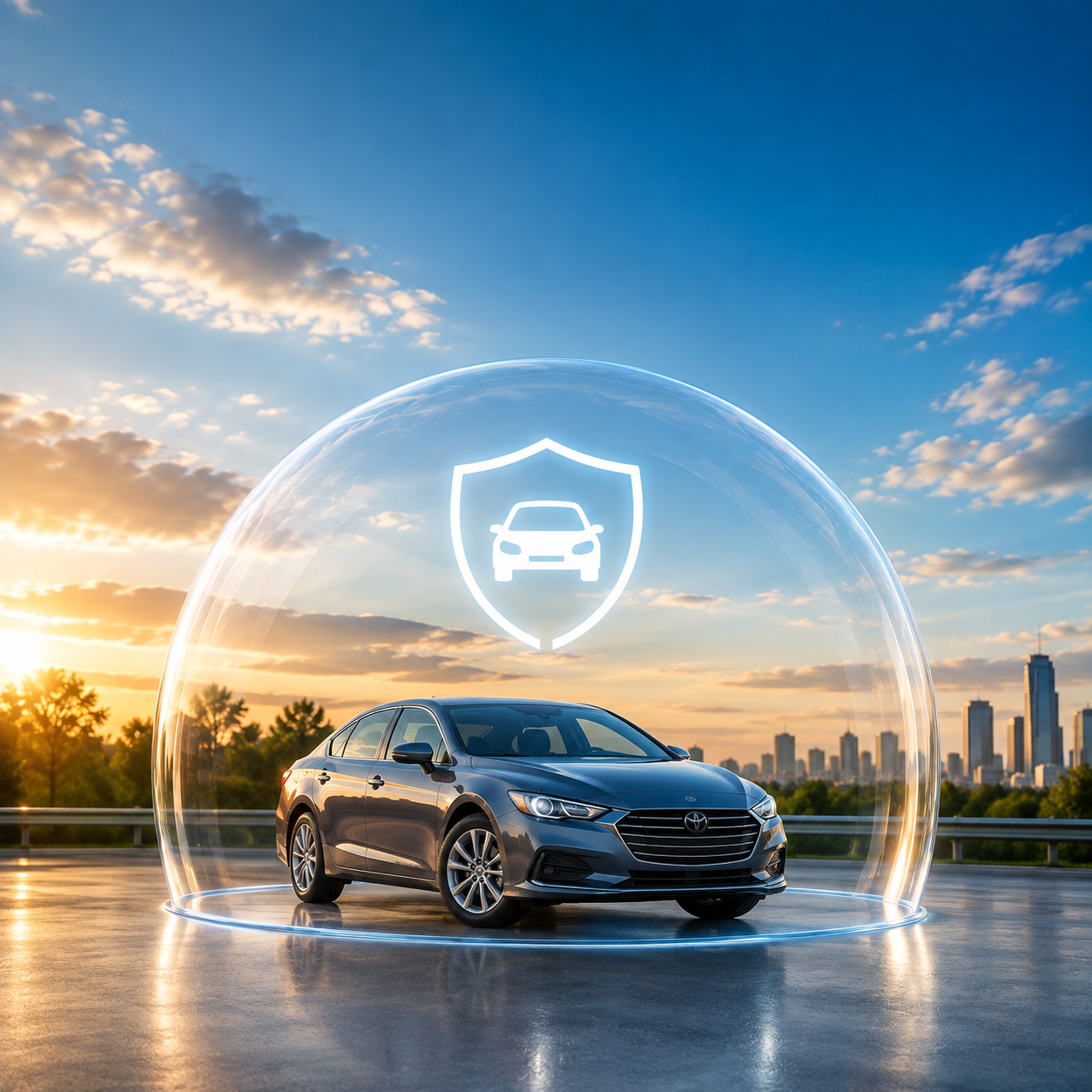 A car parked on a wet road at sunset, with a city skyline in the background and a digital shield with a car icon inside a protective bubble above it, representing car insurance or security.