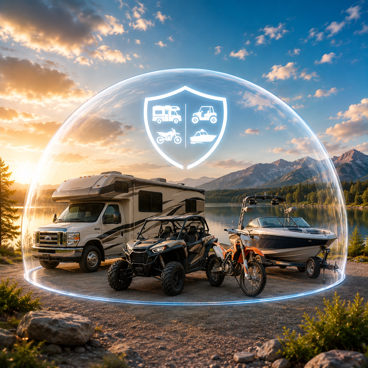 A collection of recreational vehicles including a motorhome, an ATV, a dirt bike, and a boat on a trailer, captured near a lake during sunset with mountains in the background. A graphical shield icon with symbols of a motorhome, ATV, dirt bike, and boat is superimposed in the air.