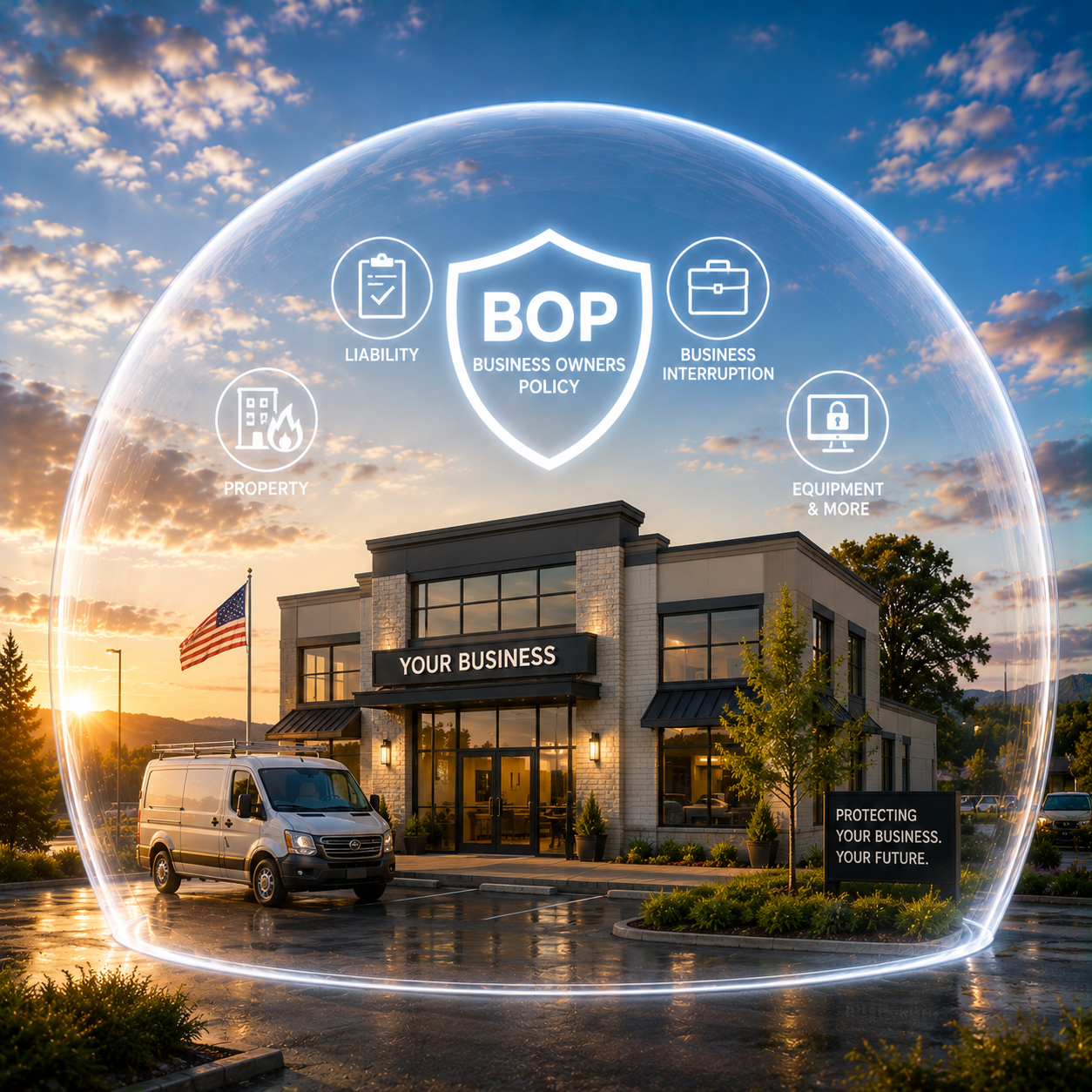 Business building with a sign that says 'Your Business' under a sunset sky, with overlay graphics about business owner policy, including liability, property, business interruption, and equipment coverage, and a small sign that says 'Protecting your business, your future.'