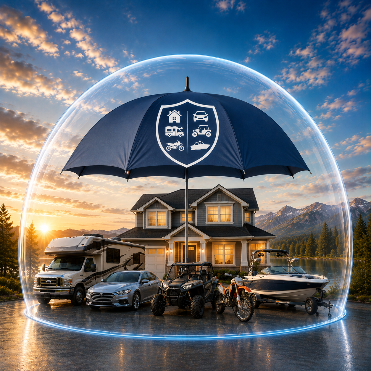 A house in a mountainous landscape with a driveway filled with various vehicles, including an RV, sedan, ATV, motorcycle, and boat, all under a large umbrella with a shield logo depicting different types of homes and vehicles, surrounded by a protective transparent dome at sunset.