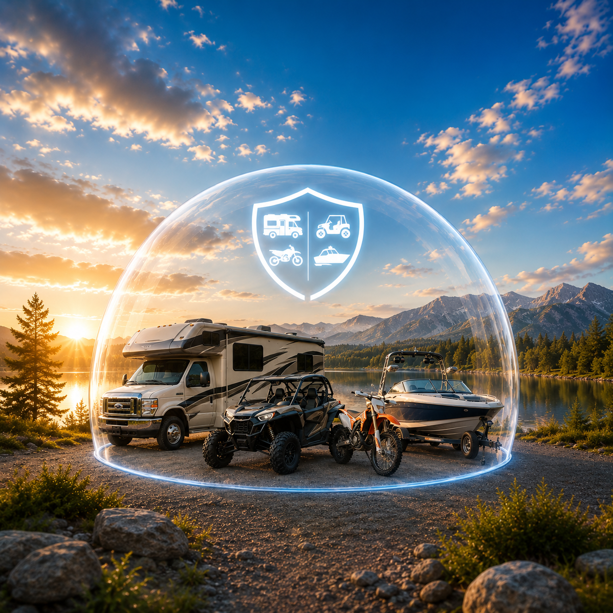 A scenic outdoor view at sunset with a RV, off-road vehicle, motorcycle, and boat near a lake, enclosed in a futuristic digital outline with a shield symbol depicting various vehicles.