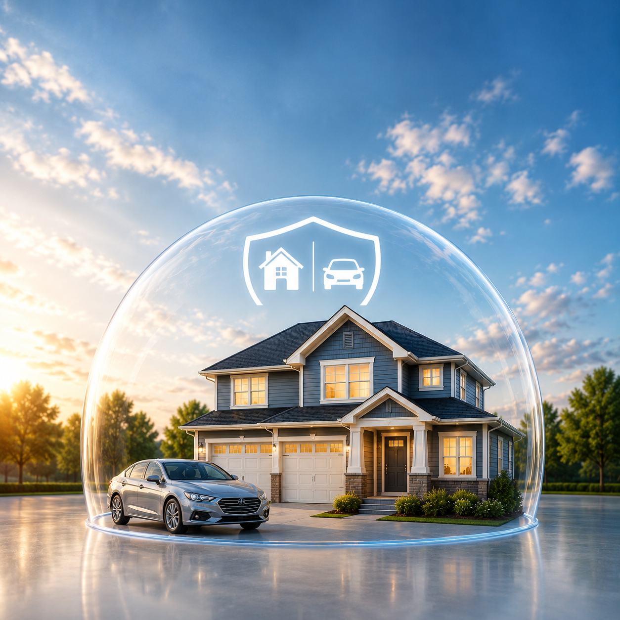 A modern house with a car parked outside, enclosed in a transparent bubble with home and car security icons above, during sunset.
