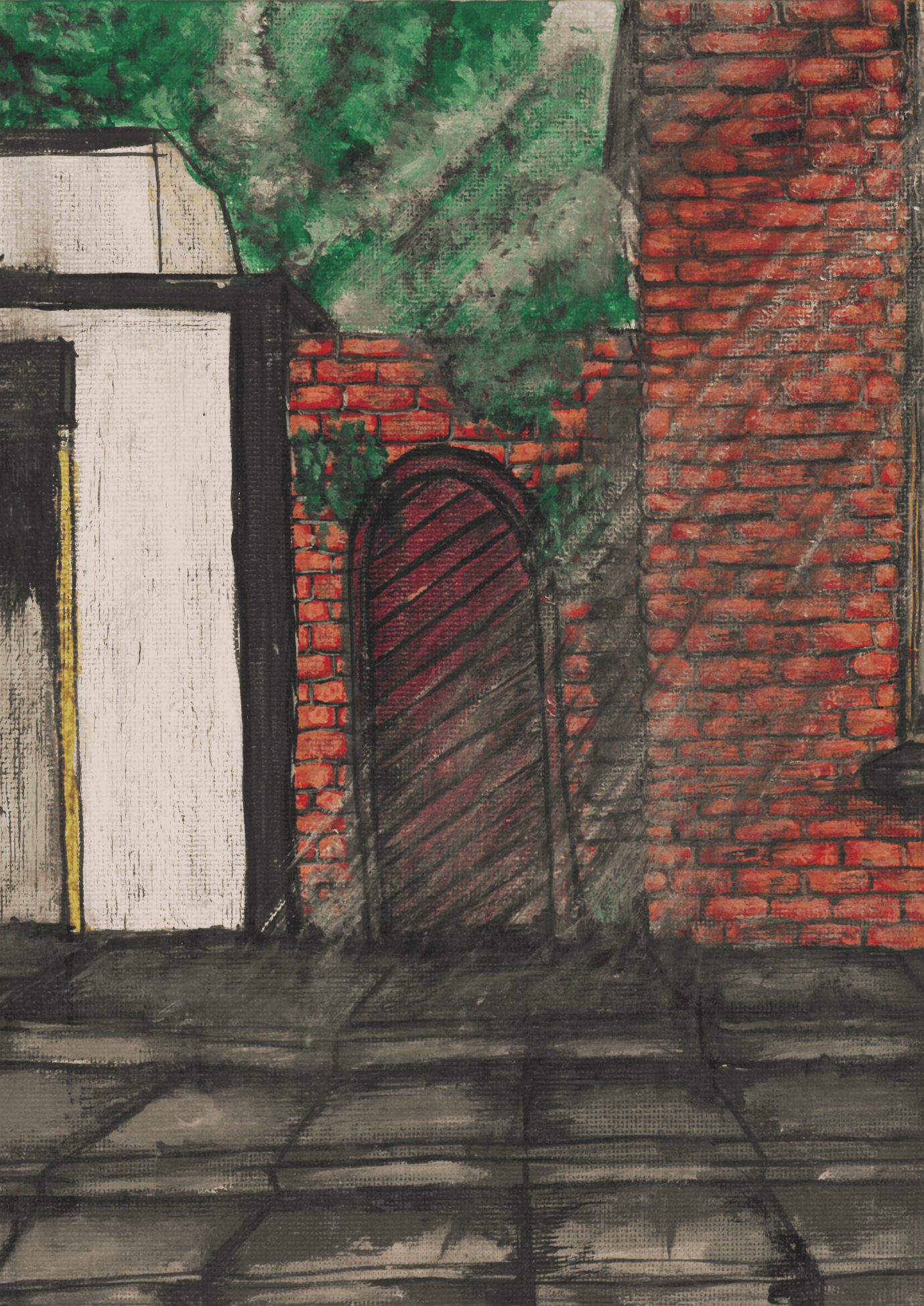 A door on Emmet street  Covered in moss, surrounded by ivy, stands still in the dim of light the entrance to what might be a world far away from the hustle of the city  pastel on canvas  10’x8’/11’x14’  25.4×20.3cm/ 42×29.7cm