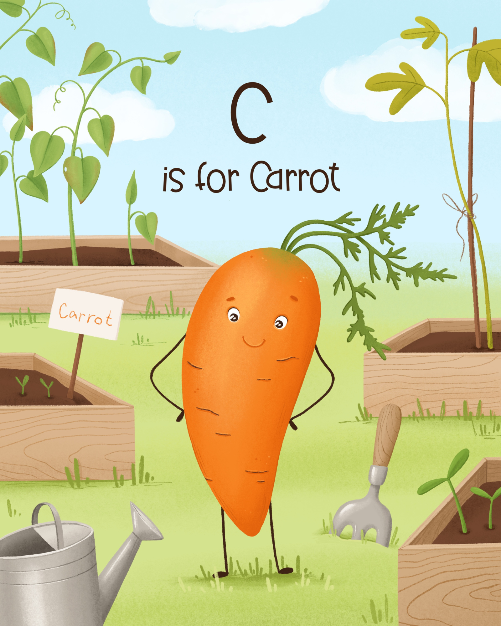 An animated carrot with a smiling face and stick arms, standing outdoors on a grassy area, surrounded by gardening tools and raised garden beds with plants.