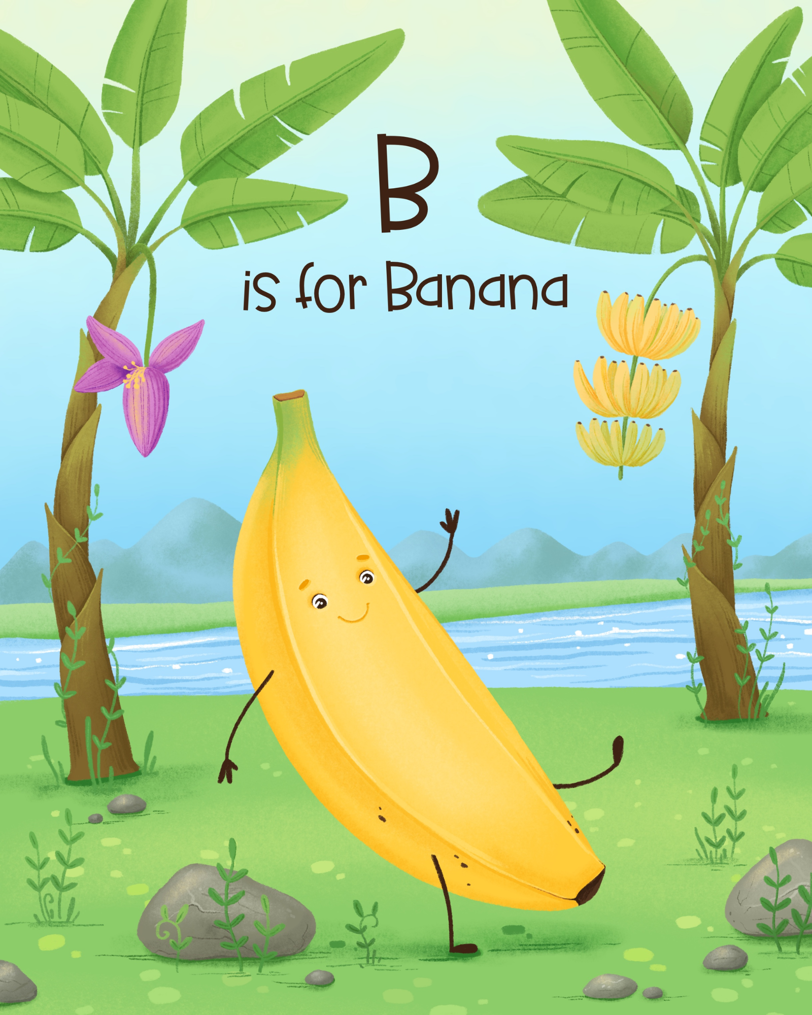 A cartoon banana with a smiling face, arms, and legs, standing in a green outdoor scene with trees, rocks, a river, and mountains in the background. The banana is pointing toward a tree and a flower.