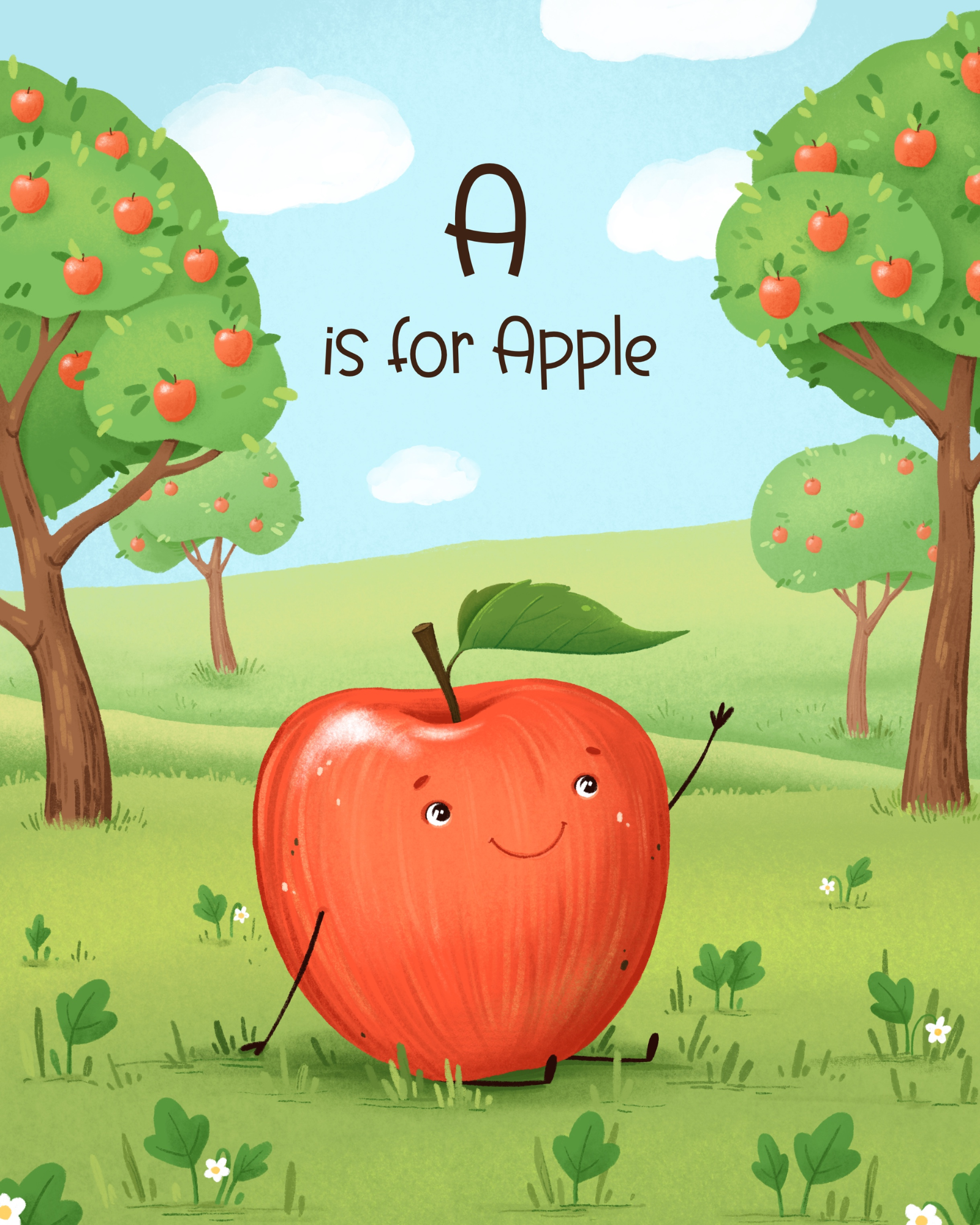 A cartoon apple with a smiling face and arms, standing in a green field with trees and clouds in the sky, illustrating the phrase 'A is for Apple'.