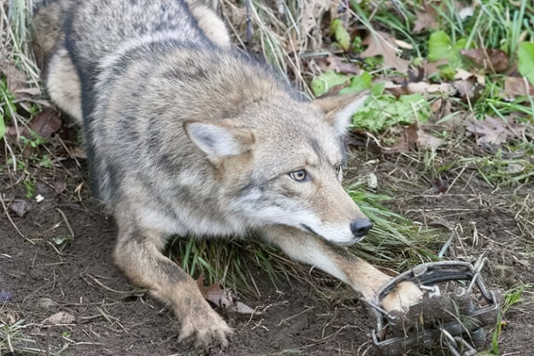 A wolf laying on the ground among grass and leaves.
