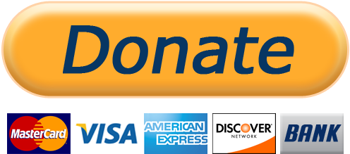 A large orange donate button with blue text, and logos of Mastercard, Visa, American Express, Discover, and Bank below it.