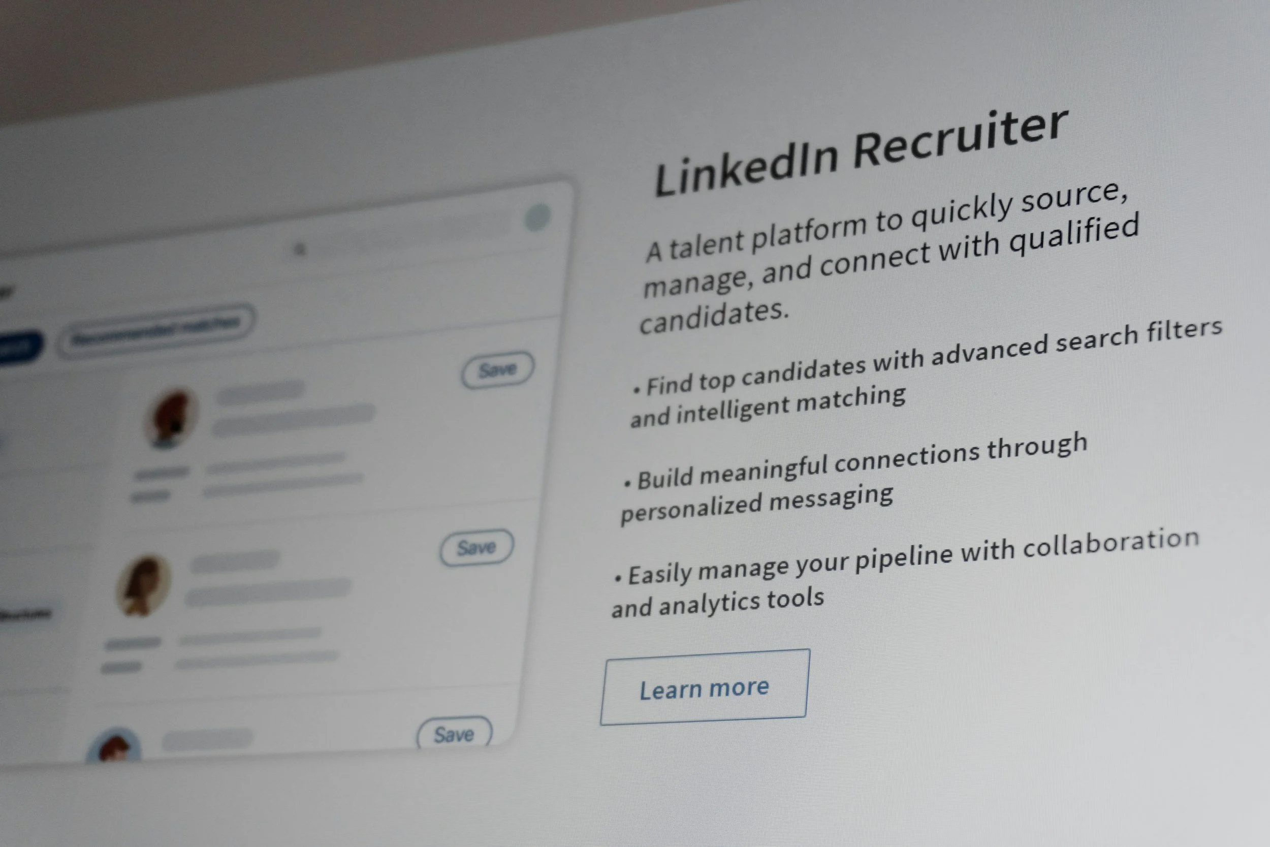 A computer screen displaying a LinkedIn Recruiter page with a list of candidate profiles and a brief description of LinkedIn Recruiter's features.