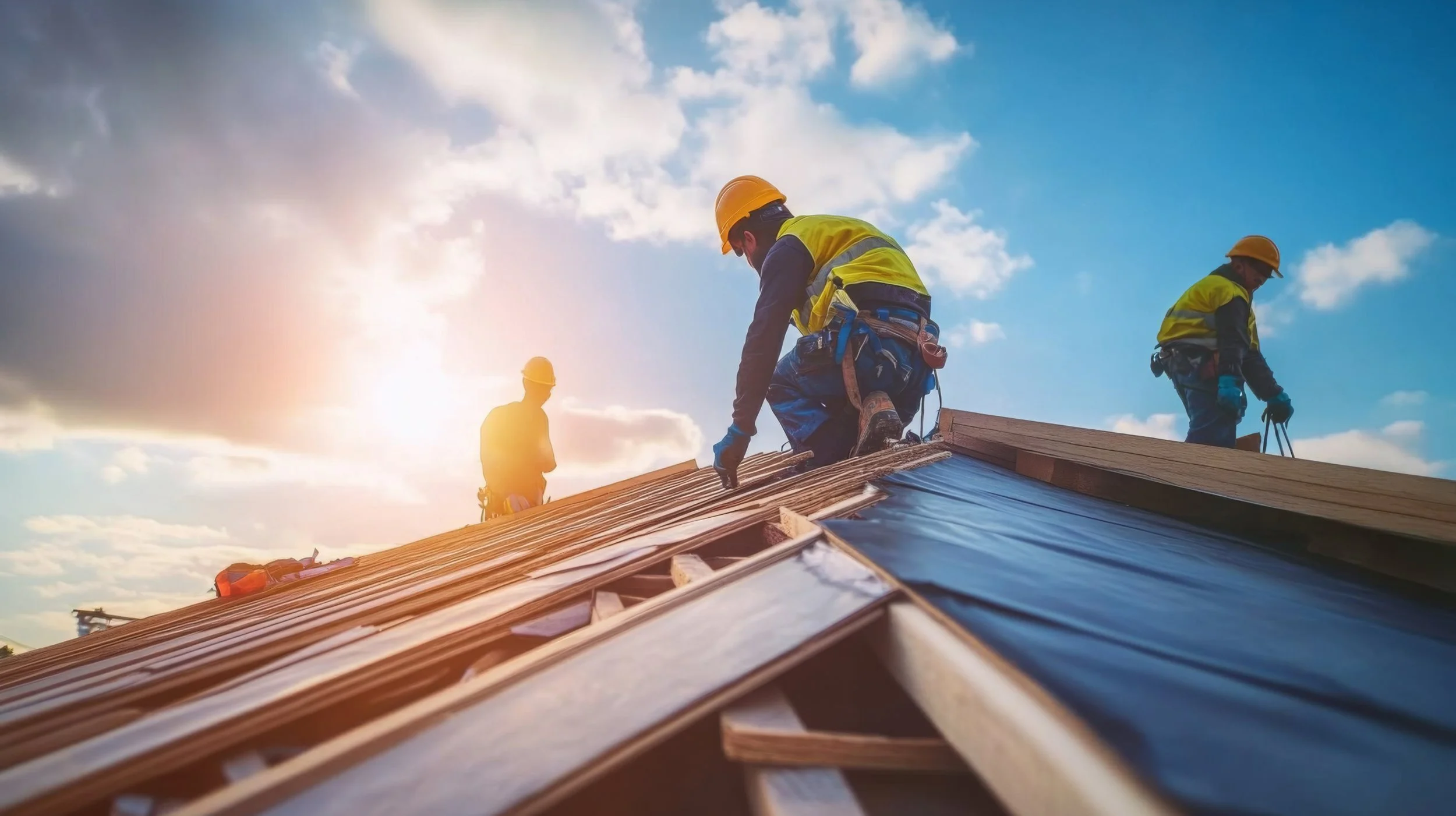 Workers wearing yellow safety helmets and reflective vests installing roofing shingles on a house under a partly cloudy sky during sunset.