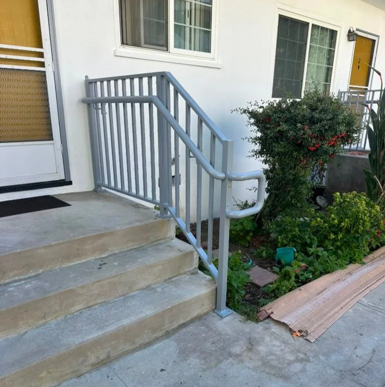 A wheelchair ramp with a metal railing leading to the front door of a house with garden plants nearby.