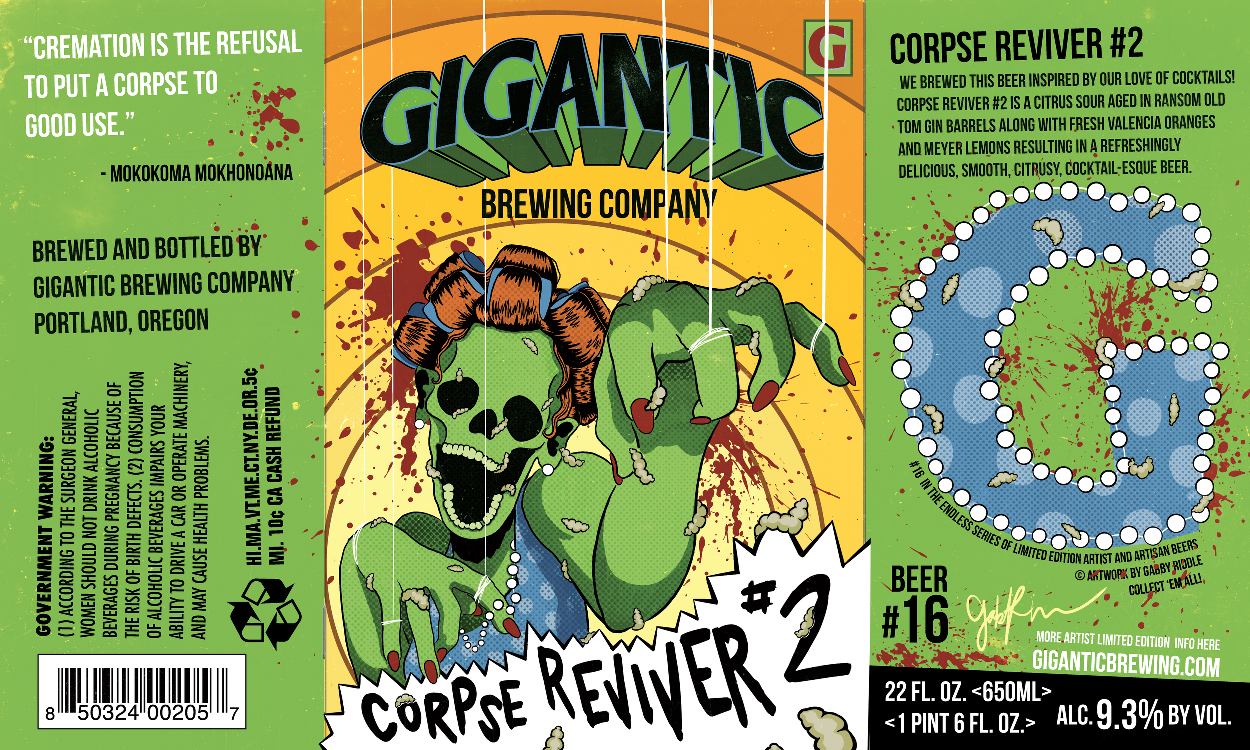 Image of a colorful beer label featuring a green zombie with an open mouth showing teeth, holding a bushy green head of broccoli. The label has bold text promoting 'Gigantic Brewing Company' and details about a beer named 'Corpse Reviver #2', including ingredients, alcohol content, and brewing information, with splatters of blood-like red paint and comic-style speech bubbles.