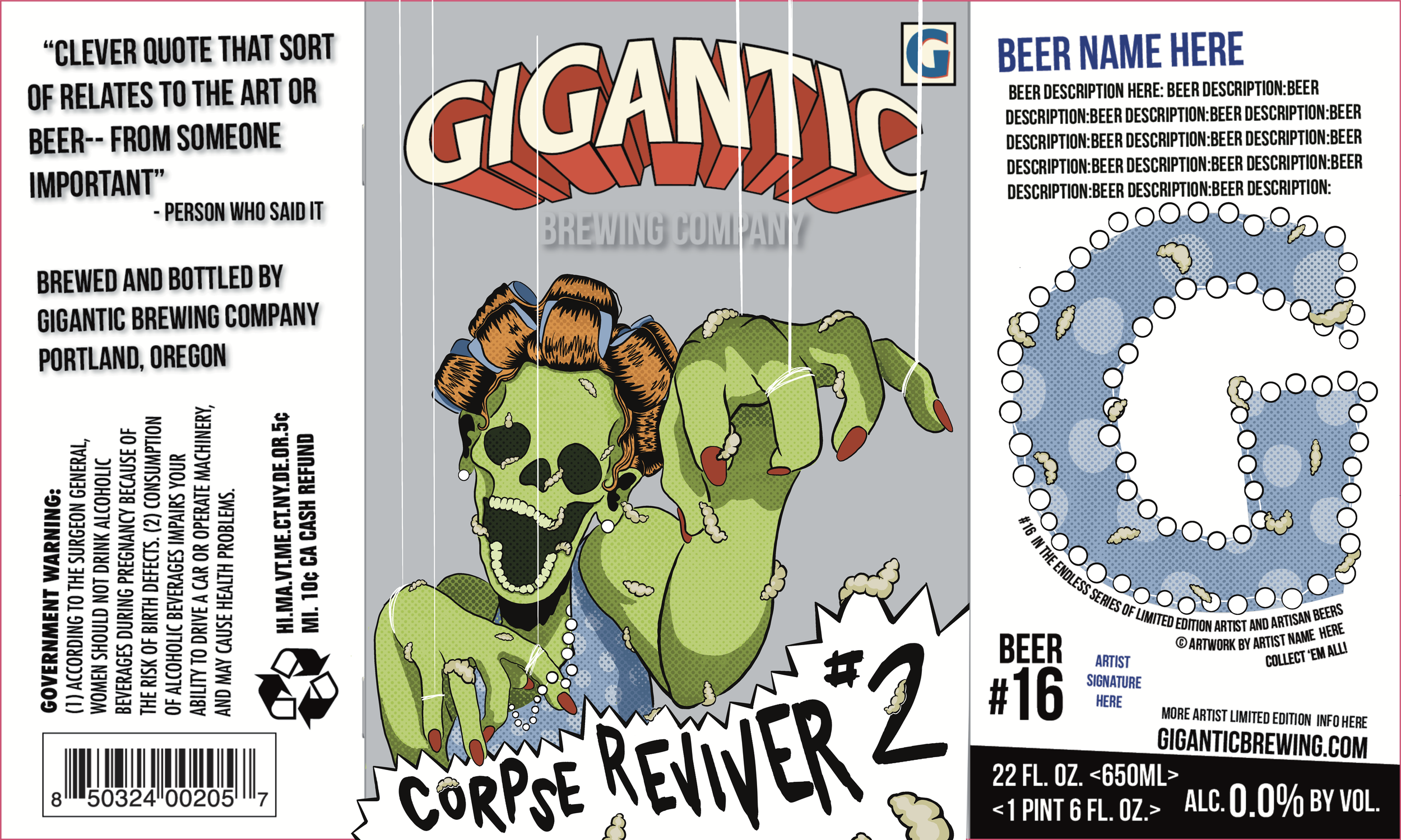 A colorful cartoon-style label for a craft beer named 'Gigantic Corpse Reaper 2'. The label features a green zombie with orange hair, red nails, and a skull-like face with black eyes and a sinister grin. The background is light gray with a large blue and red 'GIGANTIC' logo at the top. There are areas for the beer name, description, and artist signature, along with warnings and recycling symbols.