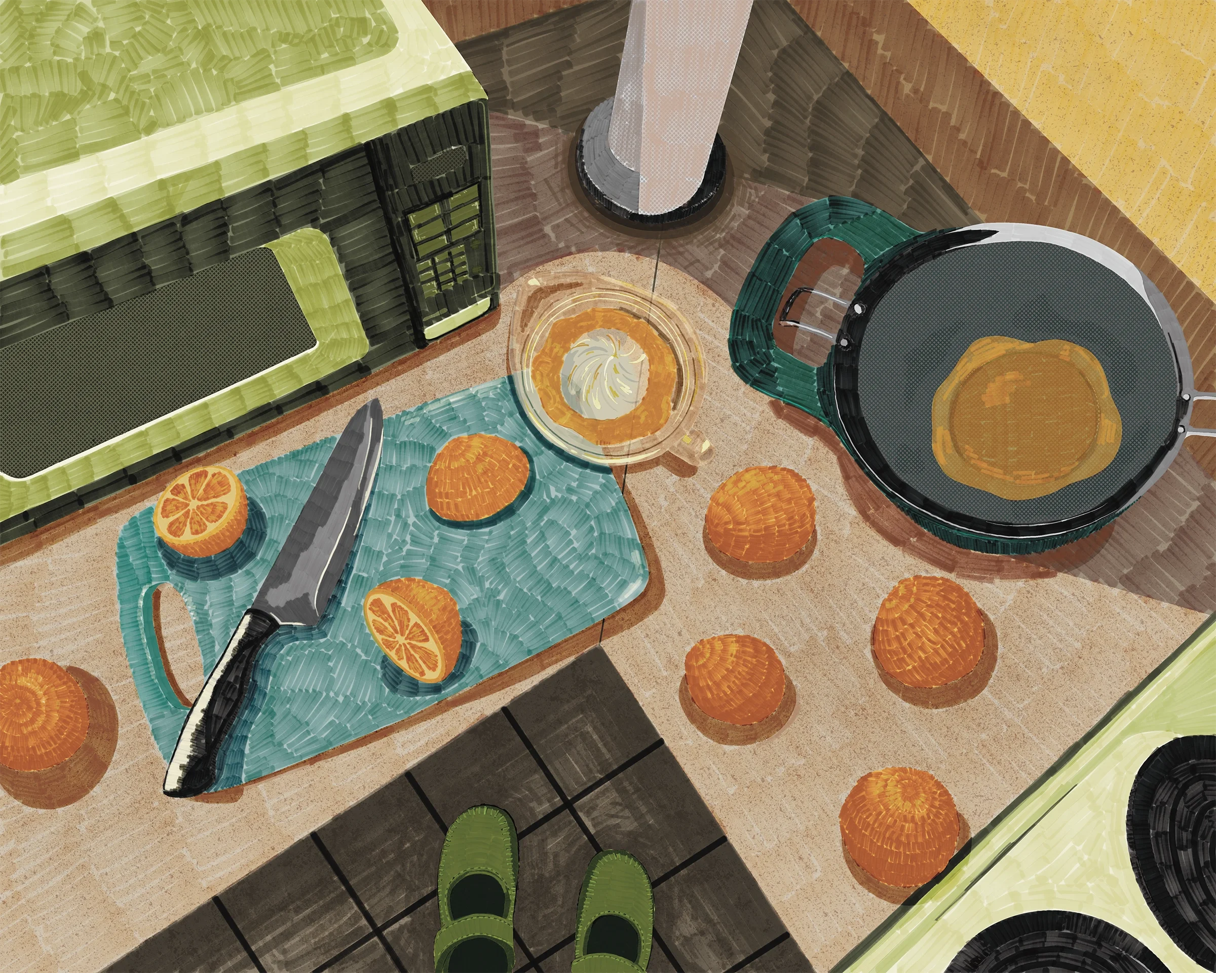 An overhead view of kitchen countertops with various appliances and food items including a blender, a pizza oven, a knife on a cutting board, bowls with oranges and eggs, and a cutting board with sliced oranges.